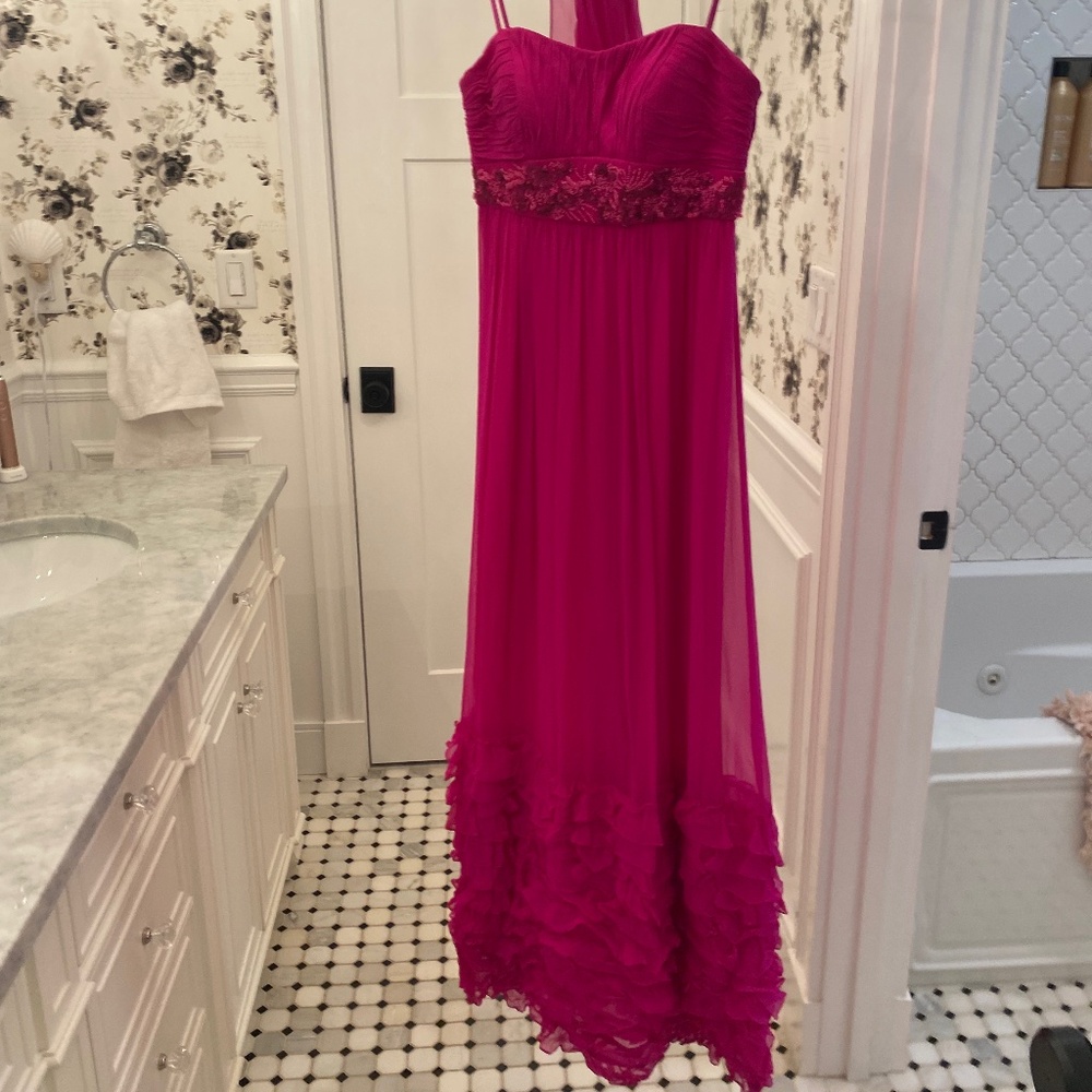 Silk fuschia couture gown with silk scarf